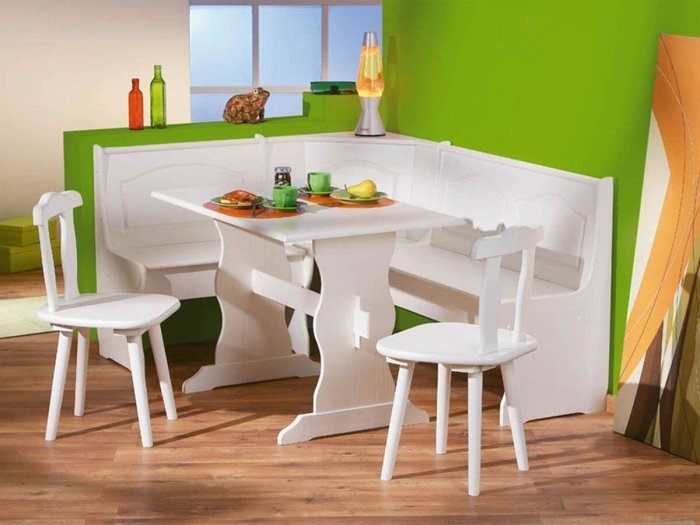 Conjunto de mesa, sillas y banco de madera Tirol