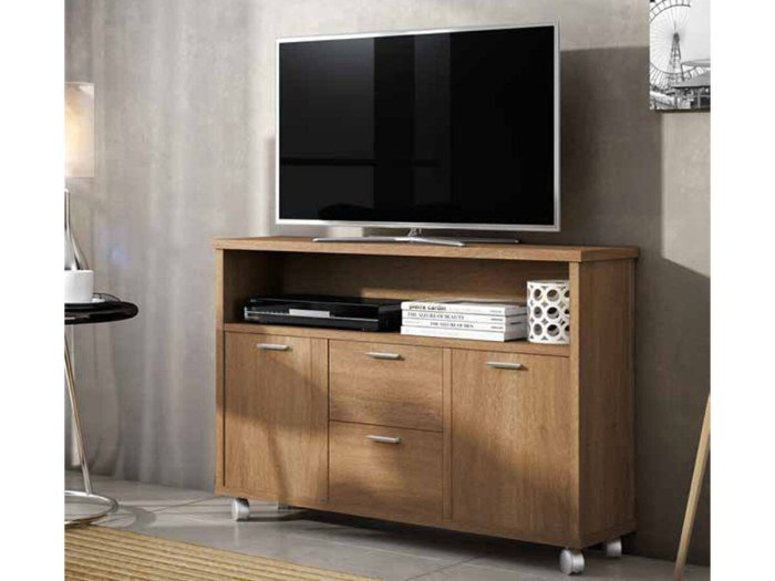 Mueble tv de madera con dos cajones y ruedas