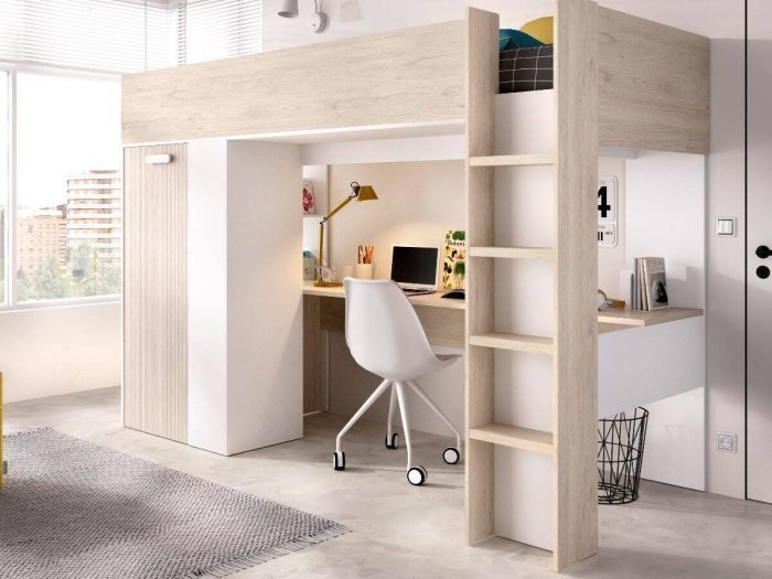 Cama elevada con escritorio y armario...