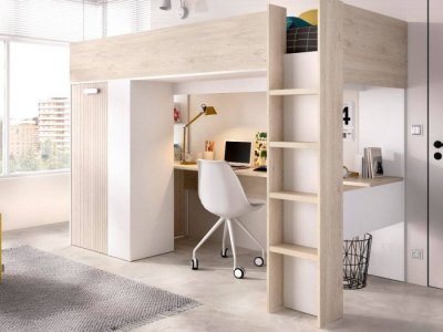 Cama elevada con escritorio y armario modelo MENTA