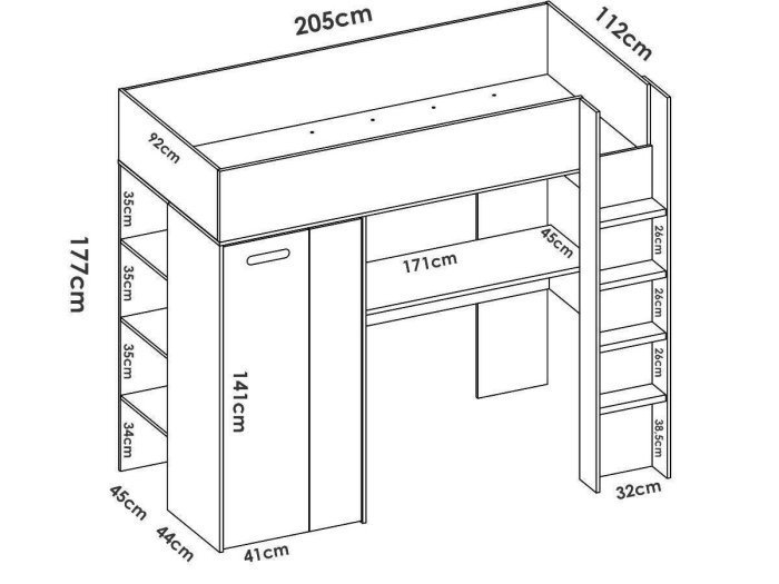 Cama elevada con escritorio y armario...