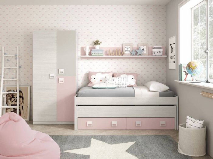 Cama doble juvenil con cajones y estante Venecia