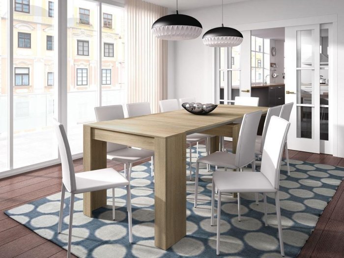 Consola convertible en mesa de comedor Dina en roble