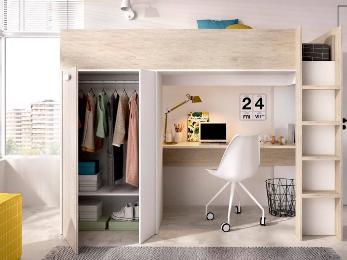 Cama elevada con escritorio y armario modelo MENTA 2