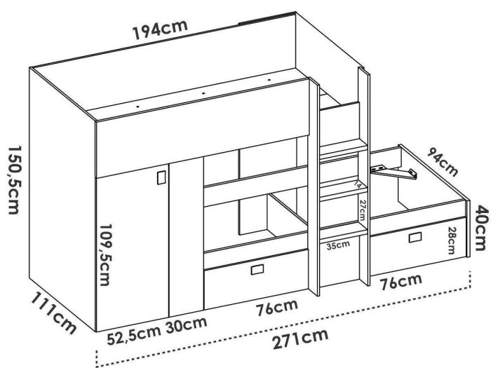 Cama tren con armario de dos puertas modelo MENTA